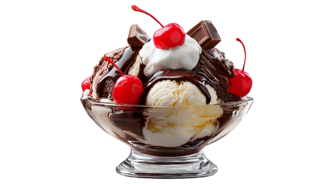 A sundae with vanilla and chocolate ice cream cherries chocolate sauce and whipped cream in a glass bowl
