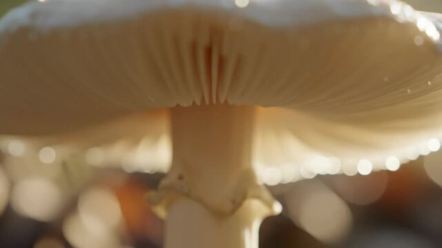Mushroom cap gills underside close up natural lighting woodland environment