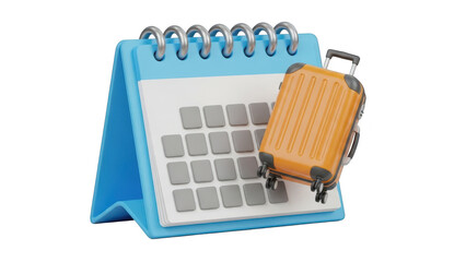 3d rendering of a small orange suitcase leaning against a blue desk calendar, symbolizing vacation planning and travel date scheduling, isolated on transparent background
