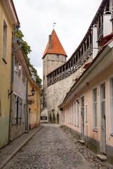 Medieval Tallinn wall and tower on a narrow cobblestone street, Estonia.