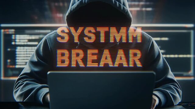A hacker wearing a hoodie is seen from behind, with glowing text on their chest and lines of code on screens in the background.