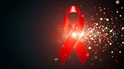 Red Ribbon with Particles  Symbol of HIVAIDS Awareness on Dark Background.