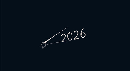 A minimalist graphic with the year 2026 and a shooting star, set against a dark blue background.