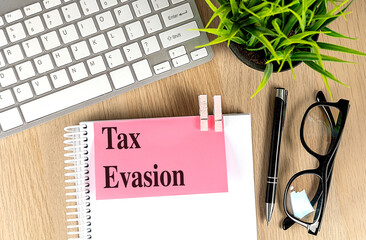 TAX EVASION text on pink note paper attached to spiral notebook with keyboard, pen, glasses and plant