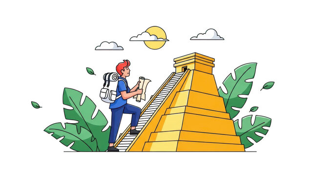 Young male tourist with backpack climbing ancient mayan pyramid structure, isolated on transparent background