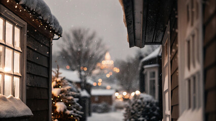 Winter skyline with soft fireworks in the distance, warm lights from buildings, gentle snow in foreground, slow cinematic aerial drift, calm and cozy New Year atmosphere
