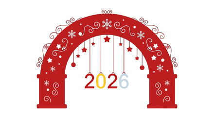 Festive red archway with snowflakes and hanging stars, displaying the year 2026.