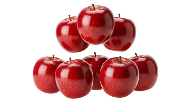 Vibrant collection of seven crisp red apples stacked in a pyramid arrangement, showcasing their natural beauty and healthy appeal against a clean white background, perfect for a fresh food concept