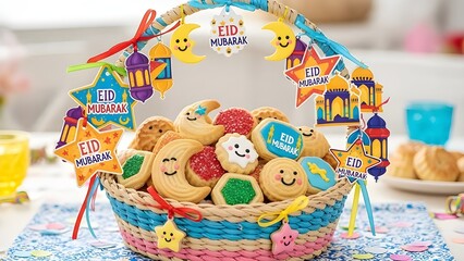 Naklejka premium Kids-Themed Ma’amoul Basket with beautiful and Colorful Eid Tags — Playful Festive Style 