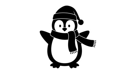 Cartoon penguin wearing a hat and scarf, standing with its wings outstretched.