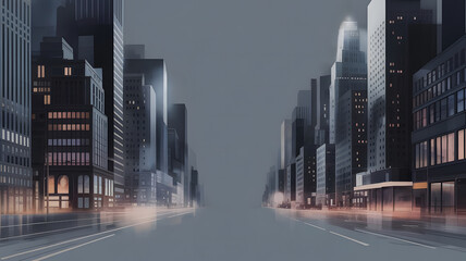 Futuristic Empty City Street Surrounded by Minimalist Modern Skyscraper Architecture at Dawn