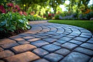 Curved garden pathway made of stone pavers surrounded by bright plants in sunlight