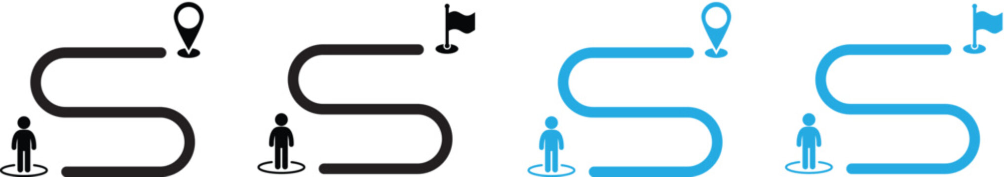 A set of route and navigation icons featuring a person at the starting point and a curved path leading toward a destination marker or flag