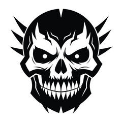 Spiked black skull with menacing eyes and jagged teeth stares intensely forward