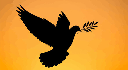Silhouette of a dove carrying an olive branch against a golden background.