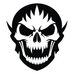 Fototapeta premium Black and white skull with sharp teeth and horns exudes a sinister aura