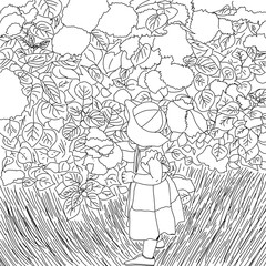 A young girl in a bonnet exploring a lush flowering garden. Rich in botanical details