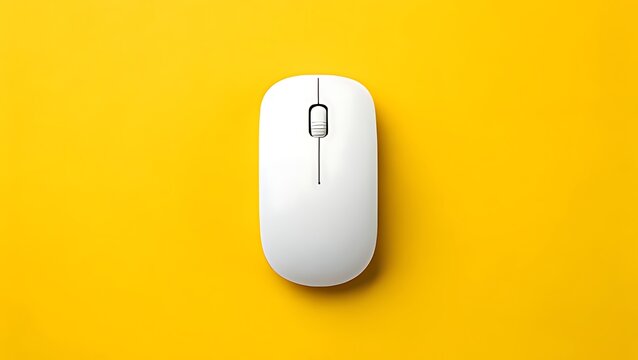 Top view of a modern white wireless computer mouse centered on a vibrant, solid yellow background, representing technology and digital work