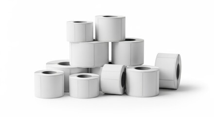 Stack of pristine white label rolls for industrial printing and product identification showcasing