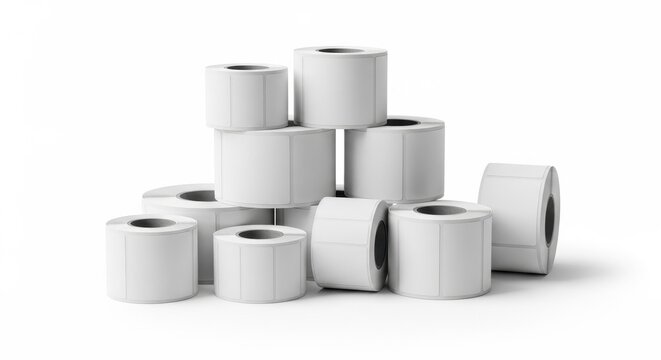 Stack of pristine white label rolls for industrial printing and product identification showcasing