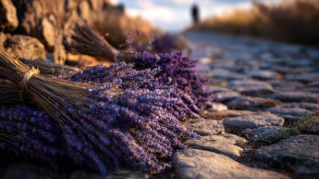 Lavender bundles resting on cobblestone path, camera slowly zooms in, revealing vibrant colors and textures, enhancing the serene atmosphere of the scene