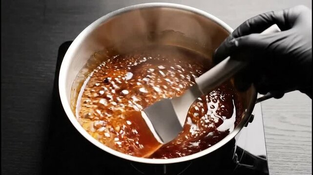 Boiling caramel sauce in a saucepan on a stove slow motion
