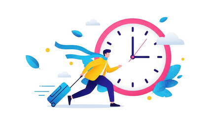 Man running late with luggage in front of a large clock, concept of time management and missing deadline isolated on transparent background