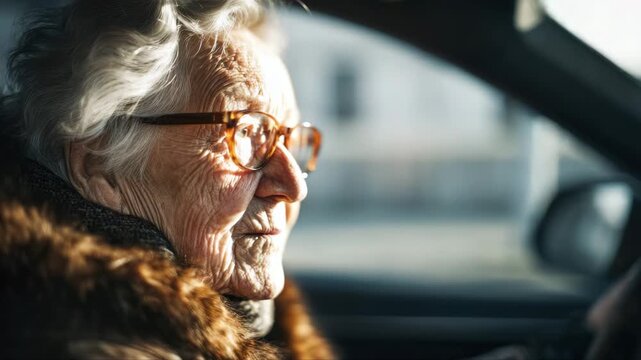 Elderly woman with glasses and fur coat is driving a car, showcasing her thoughtful expression, as the camera smoothly pans to capture her profile in motion