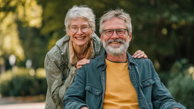 Elderly couple enjoying a joyful moment outdoors, smiling warmly at the camera, with a gentle zoom in capturing their connection and happiness in a serene park setting