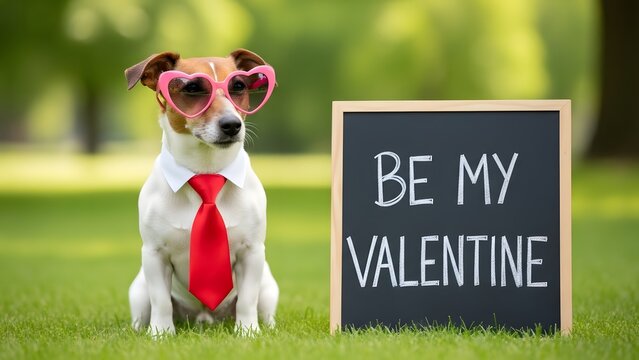 Jack russell terrier dressed for valentine s day holding sign on lawn
