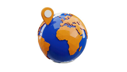 Fototapeta premium 3d rendering of a glossy blue and orange earth globe with a location pin marker placed on top, isolated on transparent background