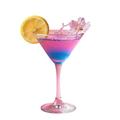 Vibrant Pink and Blue Cocktail with Lemon and Cherry Blossom Garnish