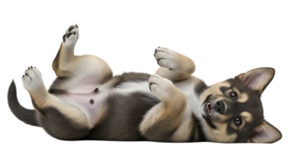 A playful puppy lying on its back with paws in the air against a black background looking at the viewer