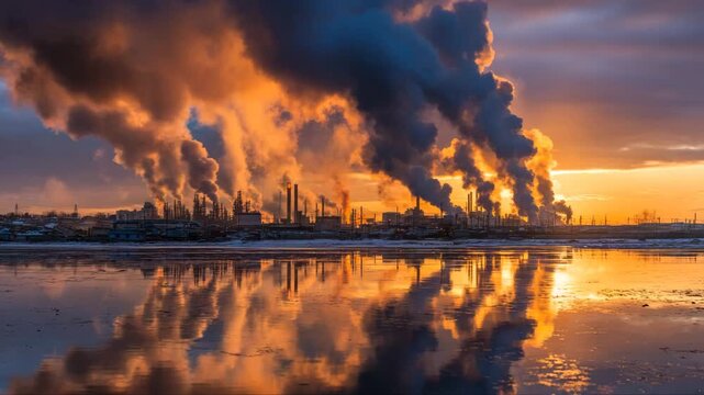 Industrial landscape with billowing smoke rising from factories at sunset, reflecting on water surface, showcasing environmental impact, camera pans across scene - Powered by Adobe
