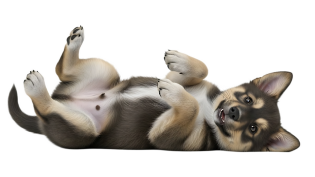 A playful puppy lying on its back with paws in the air against a black background looking at the viewer