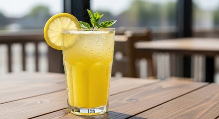 Refreshing lemonade drink with lemon slice and mint garnish on wooden table