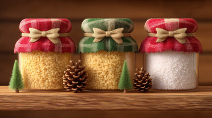 Christmas farmhouse decor with 3d illustrator style jars topped with fabric and bows on wooden table creating warm festive mood