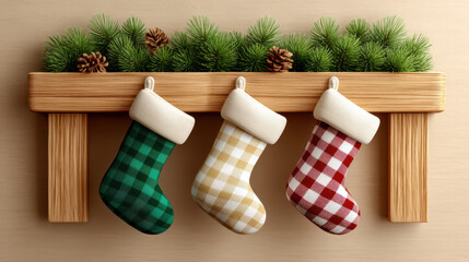 Christmas farmhouse decor with 3d illustrator style features three plaid stockings hanging from wooden mantel adorned with pine and pinecone