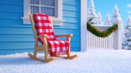 Wooden rocking chair with red plaid blanket on snowy farmhouse porch decorated with Christmas wreath in 3d illustrator style winter scene
