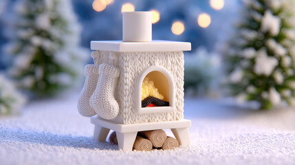 Farmhouse Christmas decor with 3d illustrator style cozy fireplace and knitted stockings creating warm festive atmosphere in snowy winter setting