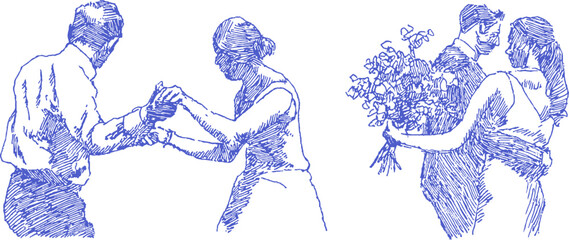 A man and a woman are dancing. The man is holding the woman's hand. vector illustration