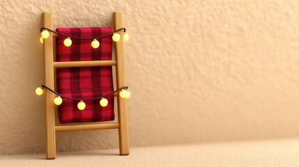 Cozy farmhouse Christmas decor with 3d wooden ladder wrapped in warm glowing string lights and red plaid fabric for festive illustrator design