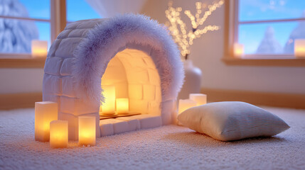 Cozy farmhouse Christmas decor with 3d soft igloo and warm glowing candles near pillow in illustrator style winter room