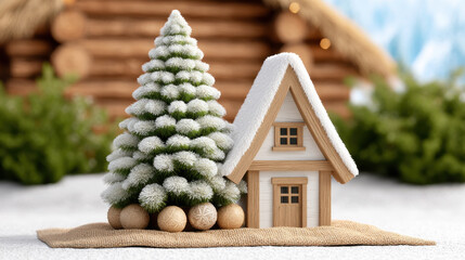 Miniature farmhouse with snow covered roof and Christmas tree decor on burlap mat in 3d illustrator style creating cozy holiday scene