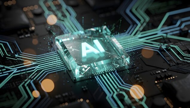 Artificial intelligence crystal processor, futuristic AI chip glowing on circuit board, advanced digital technology, cyber data computing network background