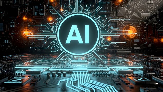 Artificial intelligence glowing chip network, futuristic AI processor, digital circuit technology, cyber innovation system, advanced machine learning hardware background