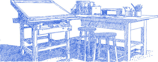 A blue drawing of a desk with a table and chairs. The table has a drawer and a shelf. vector illustration