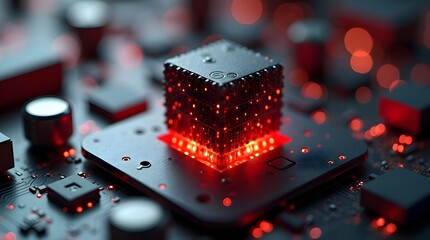 Futuristic glowing red cube processor on advanced circuit board, high-tech microchip design, digital innovation, modern computing hardware, cyber technology concept