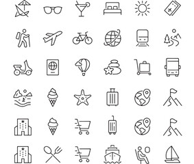 a collection of minimalist line icons depicting travel leisure and vacation themes including a person silhouette on transparent background high quality professional detailed modern elegant stylish
