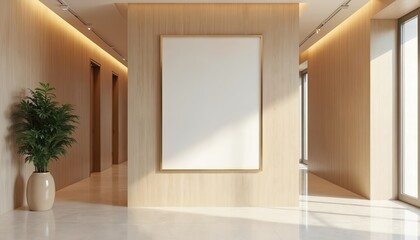 Obraz premium Spacious corridor with blank frame mockup on wood paneling. Modern interior features plant in beige pot with bright lights from window and ceiling. Design space for visual advertisement.